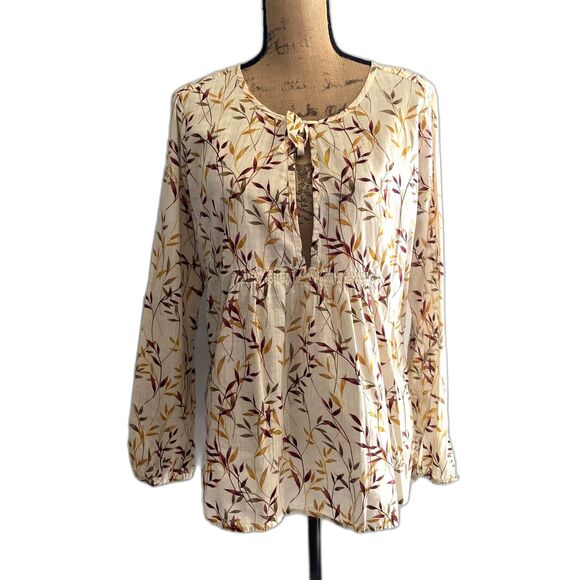 Eddie Bauer Leaf Print Peasant‎ Blouse Fall Foliage Keyhole Cotton Size Medium - Picture 1 of 4